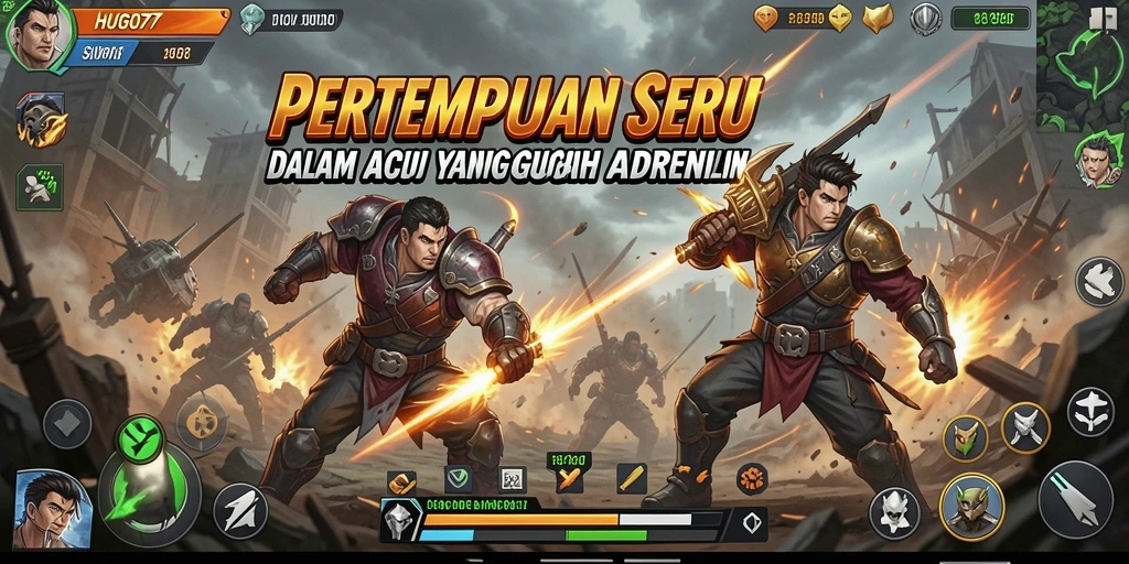 Tangkapan layar menampilkan aksi cepat dan karakter beragam dalam HUGO77.