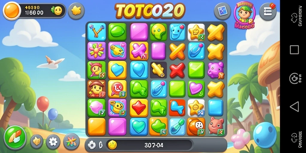 Screenshot utama dari TOTO20 menunjukkan gameplay Match-3 yang penuh warna.